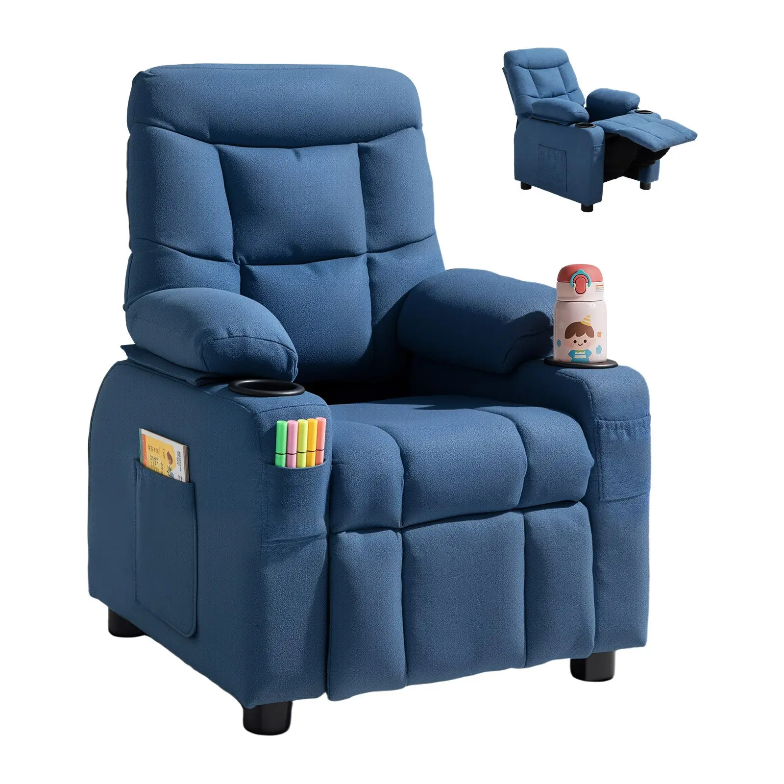 VEVOR Kids Reclining Chair, Toddler Recliner with Cup Holders and Pockets, 107° to 126° Adjustable Backrest, Breathable Polyester Fabric Recliner Couch with Footrest, for Boys & Girls, Children(Blue)