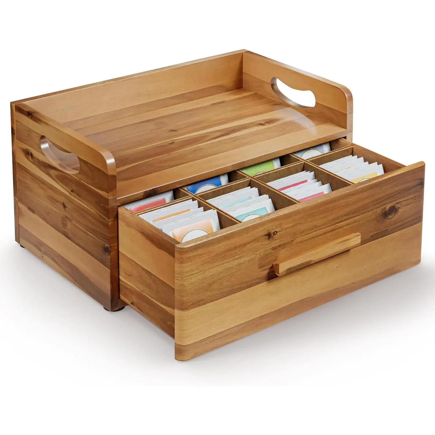 Acacia Wooden Tea Box Organizer with Drawer – Tea Chest for Tea Bags Storage – Tea and Coffee Organizer - Wooden Tea Tray and Containers for Countertop Display (Acacia)