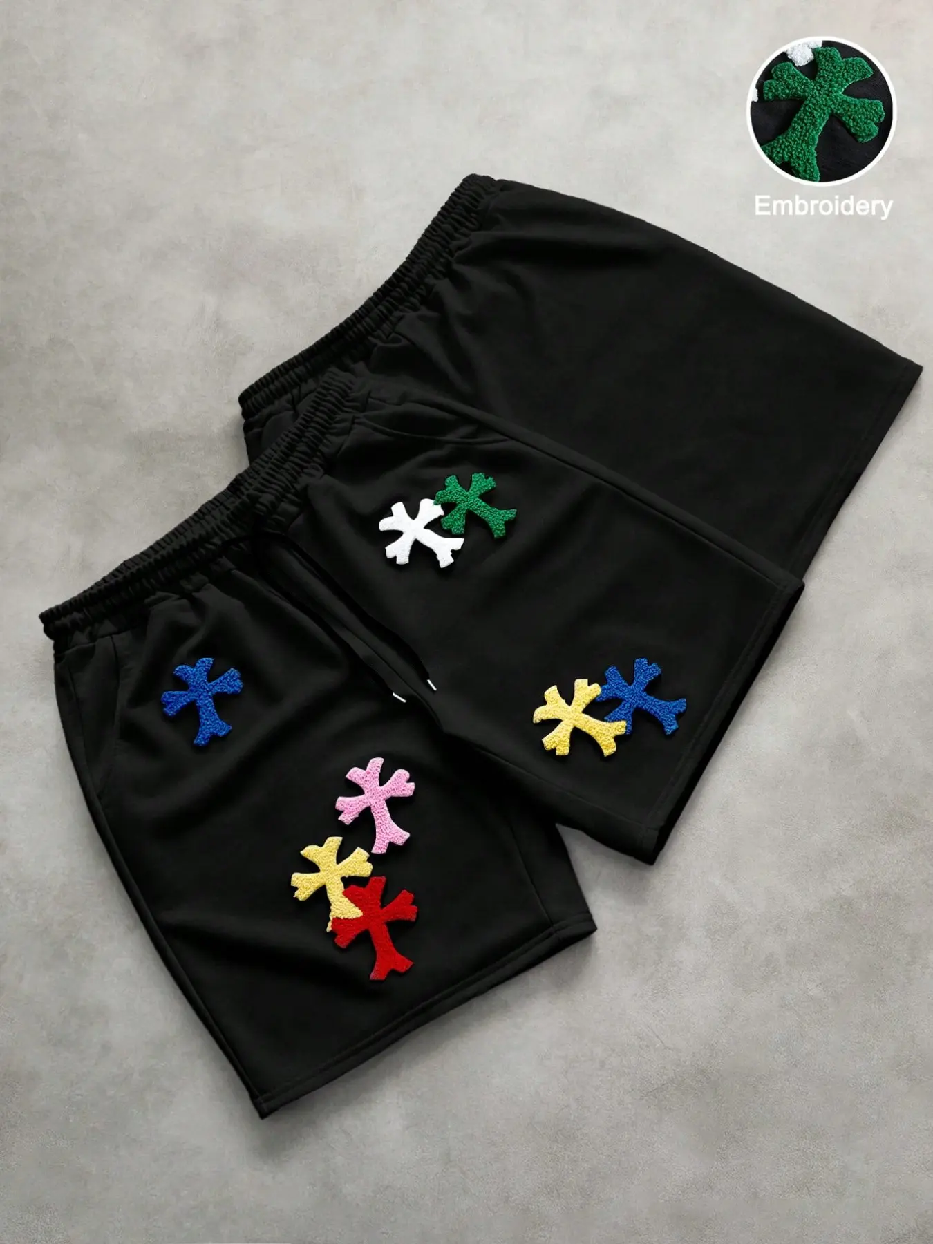 Men's Vintage Cross Patchwork Embroidered Sweatpants, Loose-Fit Street Style, All-Season Five-Pocket Sports Pants