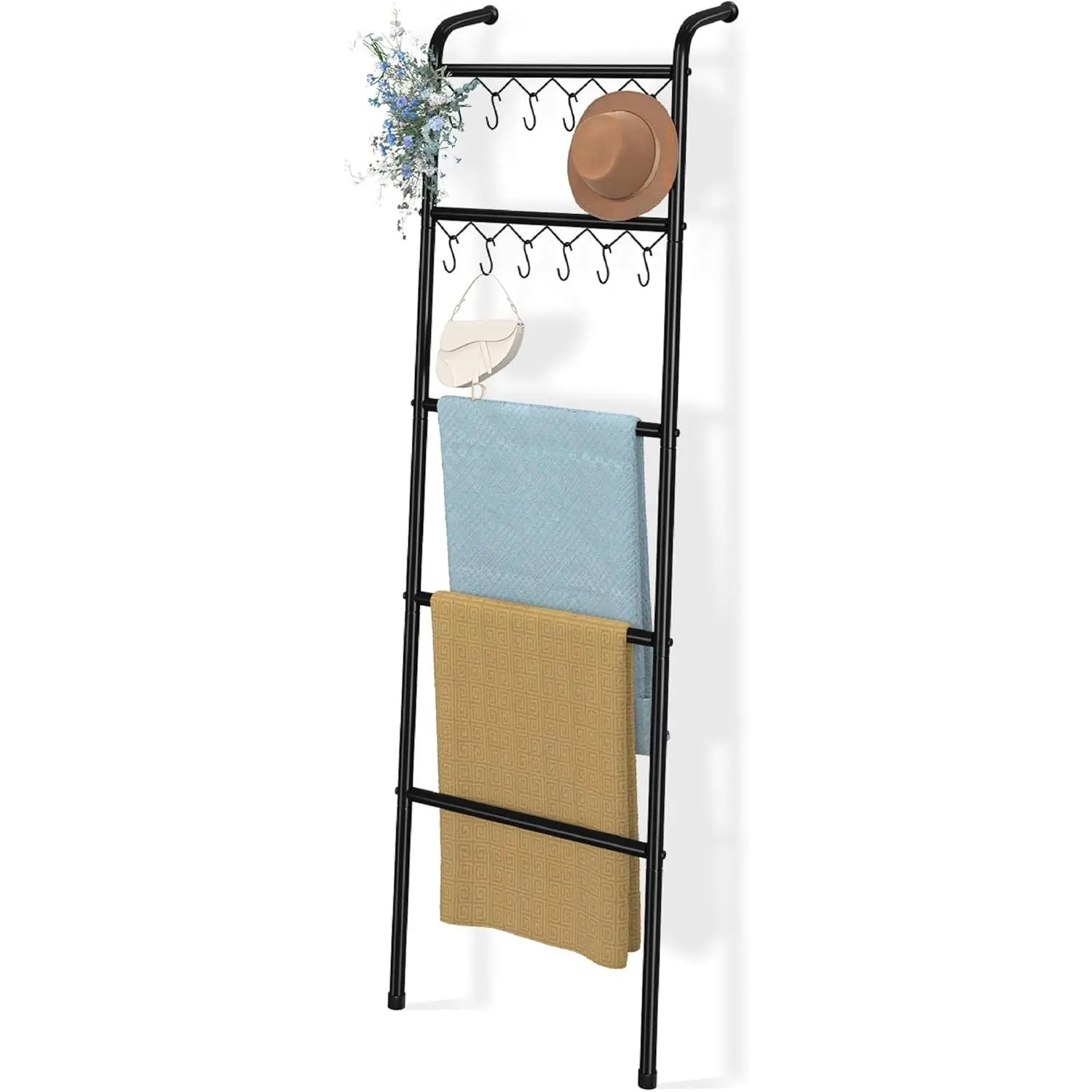 5-Tier Metal Blanket Ladder Towel Rack with 12 Hooks, 79-Inch Decorative Ladder for Living Room Bedroom Bathroom Home Decor, Black