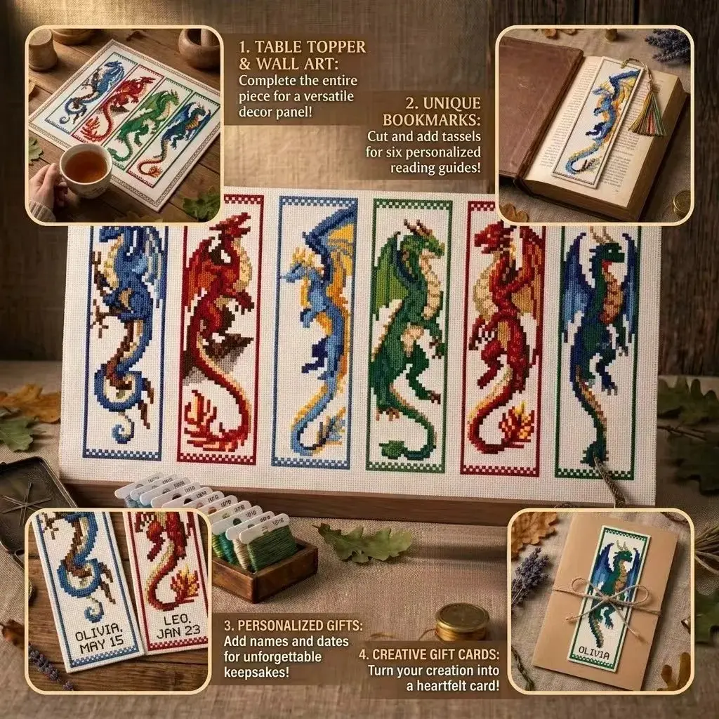 Dragon Theme Cross Stitch Bookmark Set, DIY Art Kit with 6 Dragon Patterns, Perfect for Beginners, Handmade Gifts, Home Decor, Creative Craft Supplies