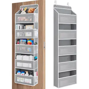 Over The Door Organizer Storage, 5 Shelf Hanging Door Organizer with 5 Large Capacity Pockets, Anti Tilt 44 lb Load Behind Door Storage for Bedroom, Bathroom, Pantry, Nursery, (Grey)