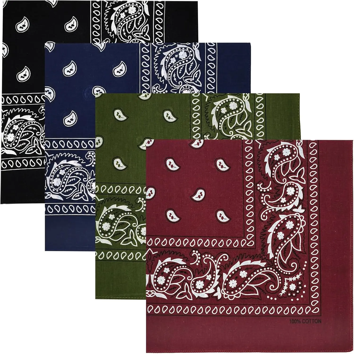Unisex 4 Pack 100% Cotton Paisley Classic Bandanas (22x22 in) - Multi-Purpose Square Scarfs for Men & Women, Headbands, Sports & Outdoor Face Covers