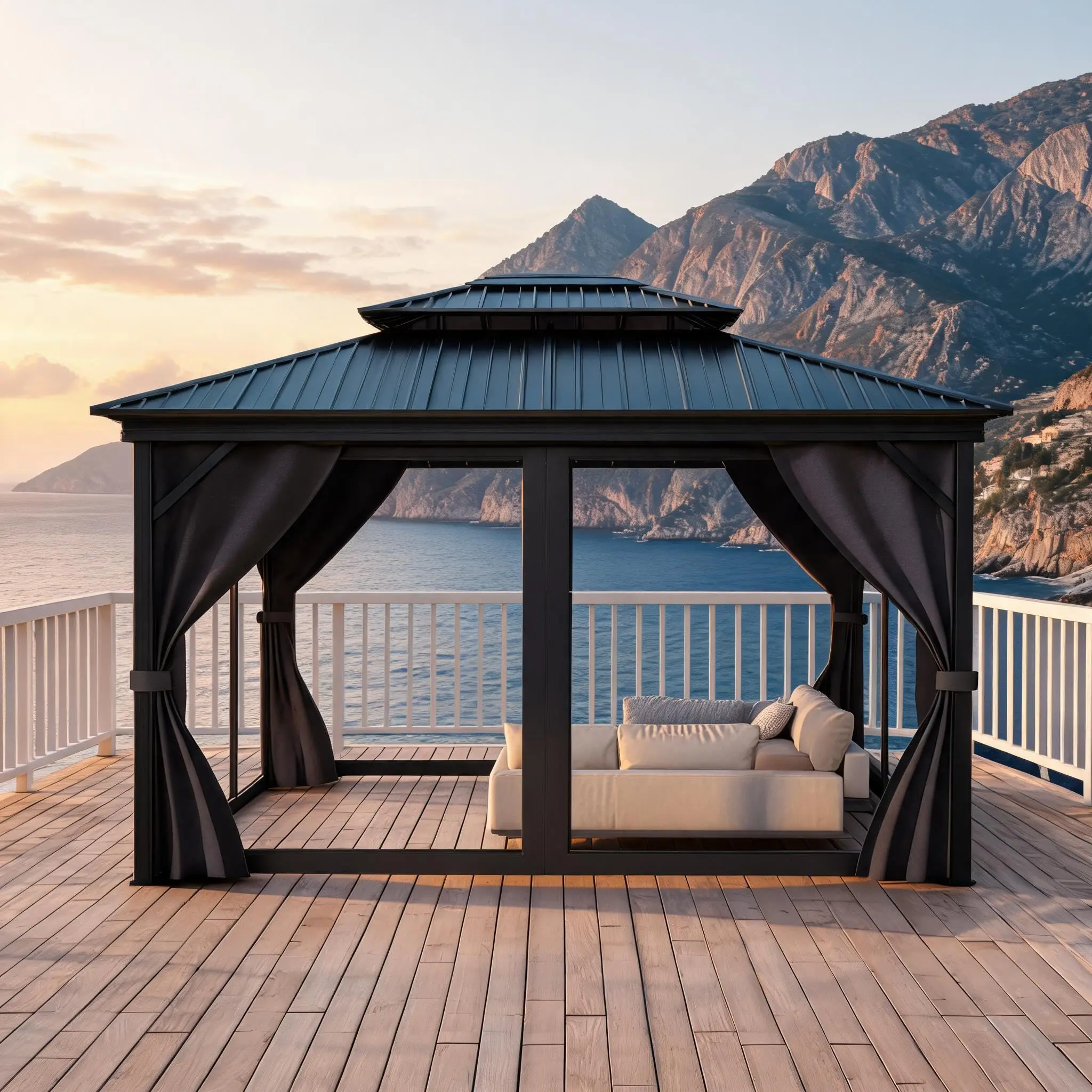 Hardtop Gazebo 12x16-12x20 FT with Double Metal Roof – Aluminum Frame, Netting & Curtains, All-Weather Outdoor Pavilion