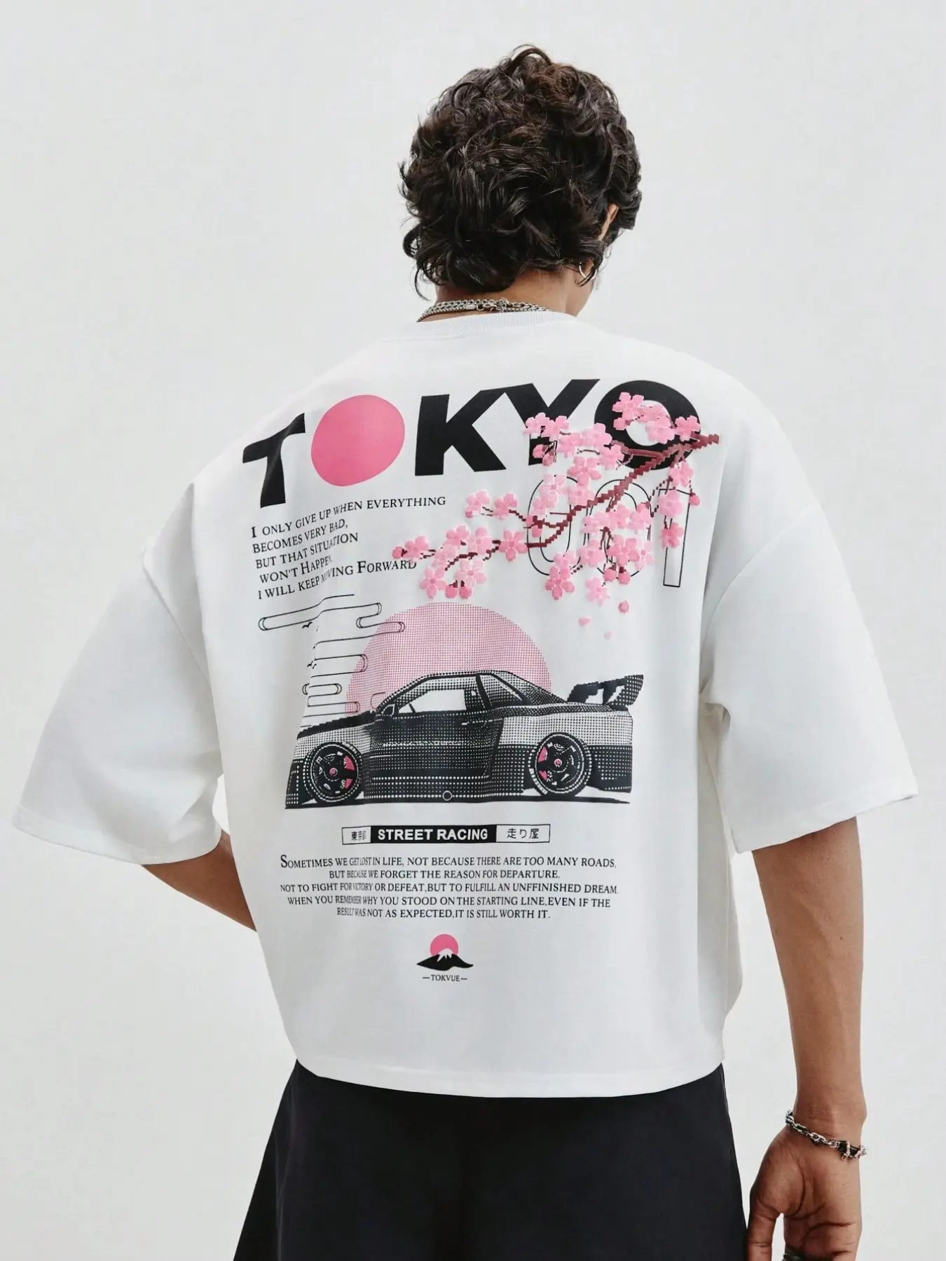 Tokyo Streetwear Fashion Oversized Graphic T-Shirt Round Neck Unisex | Sakura Cherry Blossom & JDM Sports Car Print, Harajuku Aesthetic High-Value Casual All-Match Top