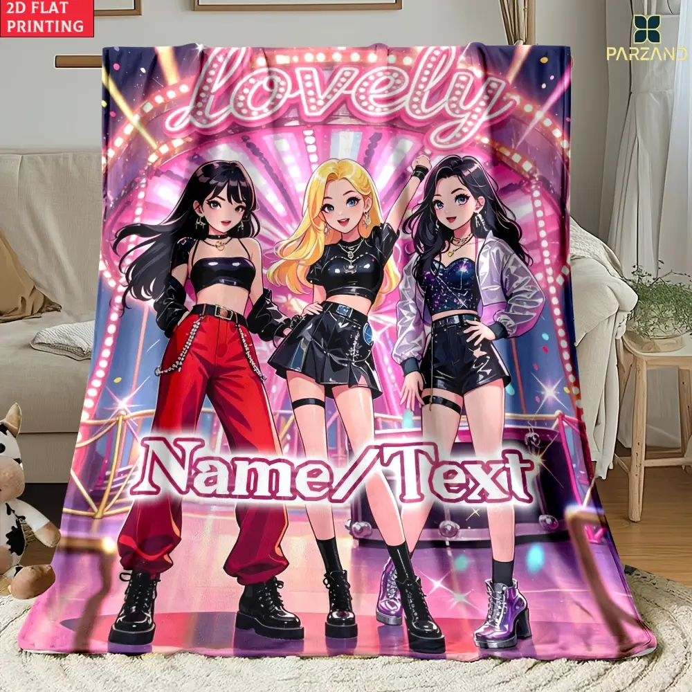 1pc Custom Name Kpop Girls Cartoon Flannel Blanket Personalized Text Idol Stage Print Throw Blanket Soft Warm Sofa Bed Blanket Fans Gift