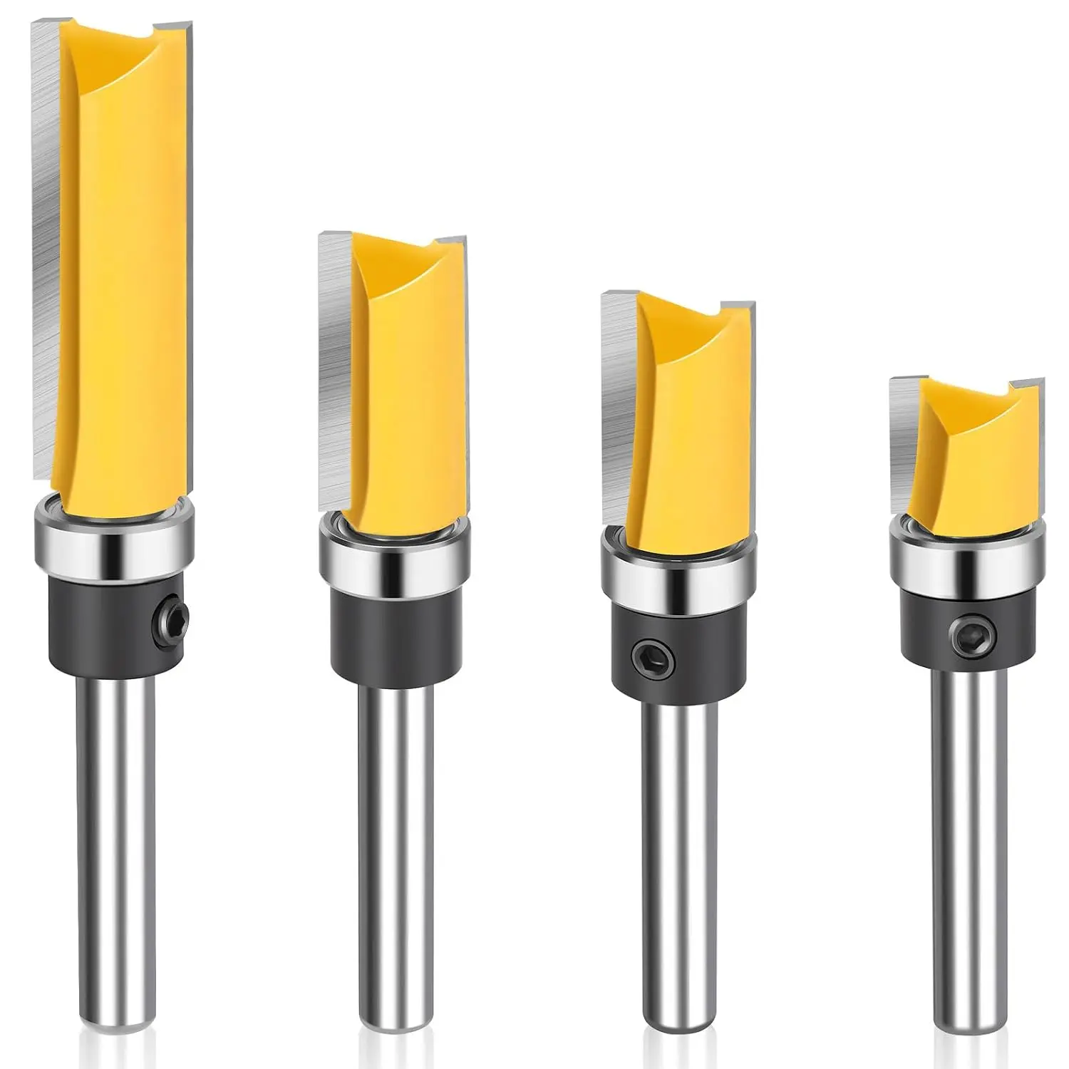 4 count Flush Trim Route Bit 1/4 Shank,   Flush Cut Route Bit with Bearing to  -Out, Straight Cut Carbide Tipped Template Router Bit for Woodworking, Milling, Trimming