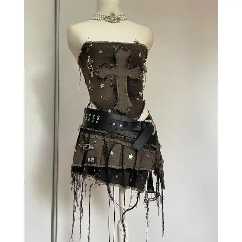 Y2KDenimStitchingandWashingToMakeOldTwo-pieceWoharajukuGothLong-sleevedZipperCoatMiniPleatedSkirtAutumnCoat