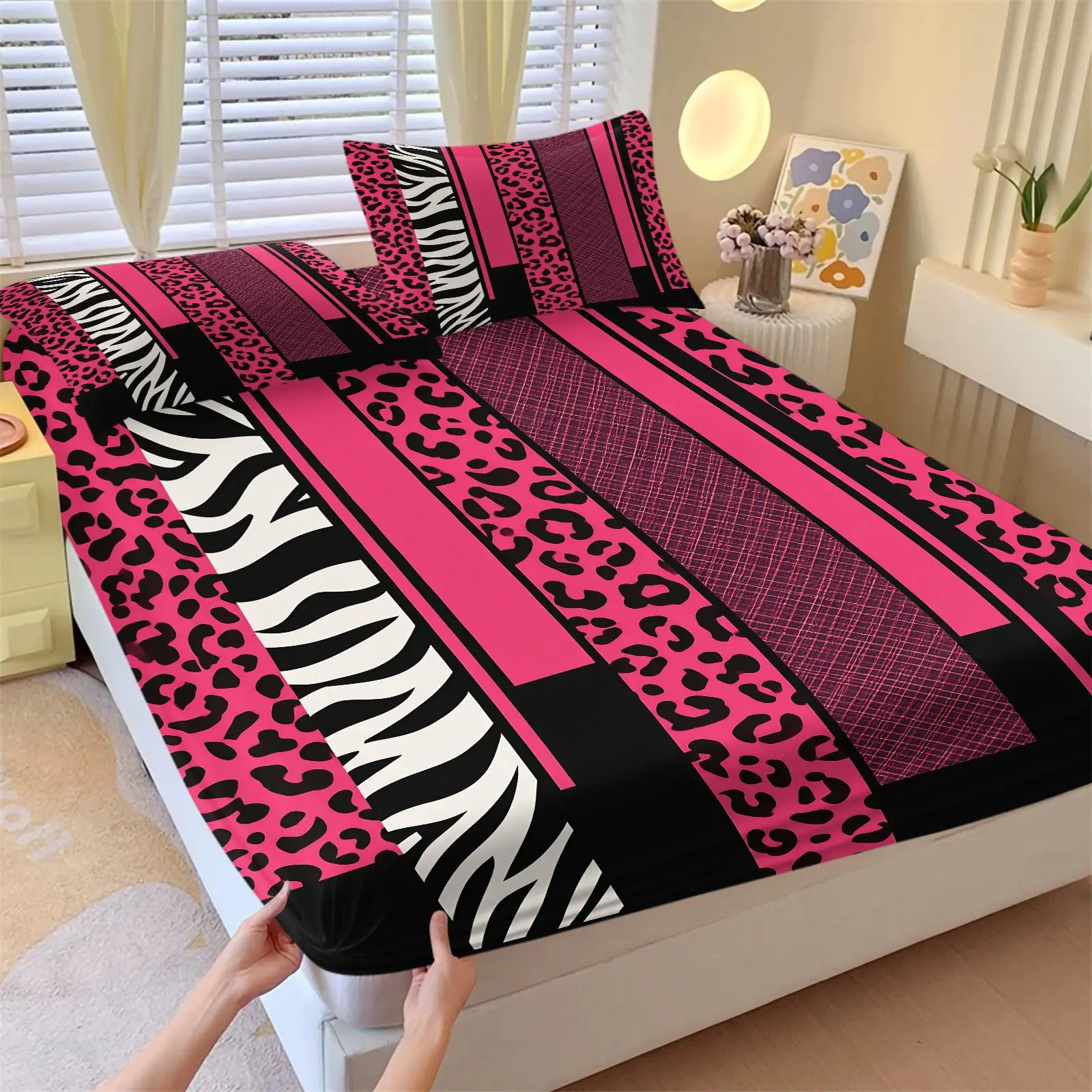Y2K Aesthetic Hot Pink Animal Print Fitted Sheet Set, Include One Bedspread and Two Pillowcases, Leopard Zebra Patchwork Design Mattress Cover, Suitable for Bedroom, Dorm, Guest Room