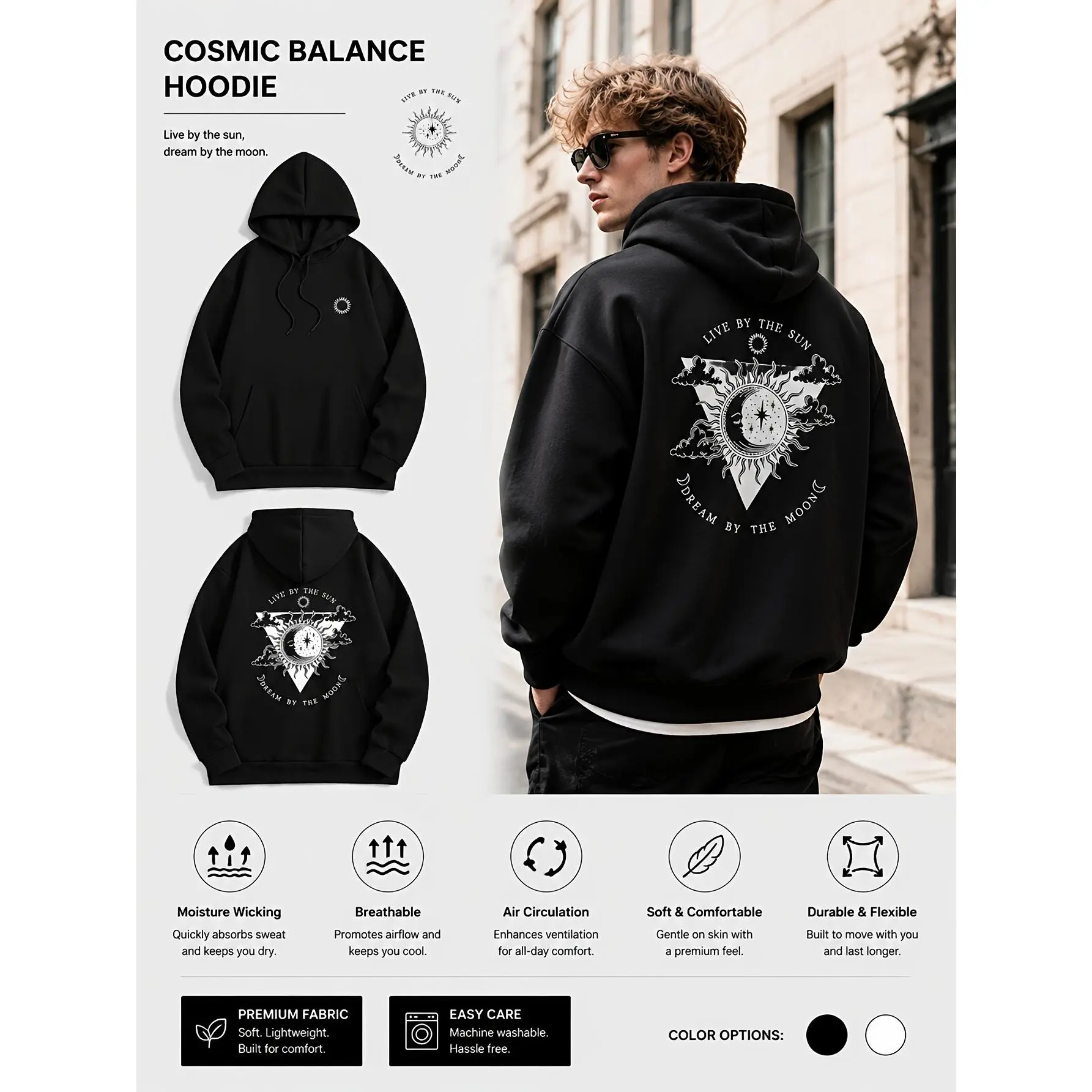 Retro-style sun, moon, and stars loose-fitting hooded sweatshirt; triangular celestial art pattern surrounding English slogan on the back; simple sun print on the front; soft, breathable, and elastic fabric; mysterious retro vibe; unisex casual top with a