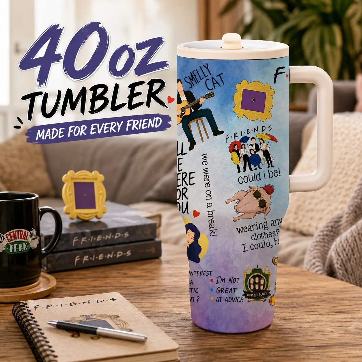 1 Pc 40oz Friends Inspired Insulated Tumbler, Double Wall, Leak-Proof, Keeps Hot for 12hrs, Keeps Cold for 24hrs, Perfect for Daily Use, Office, Coffee Shop, Travel, Stylish & Durable, Ideal Gift for Sitcom Fans, Friends, Birthdays, Holidays