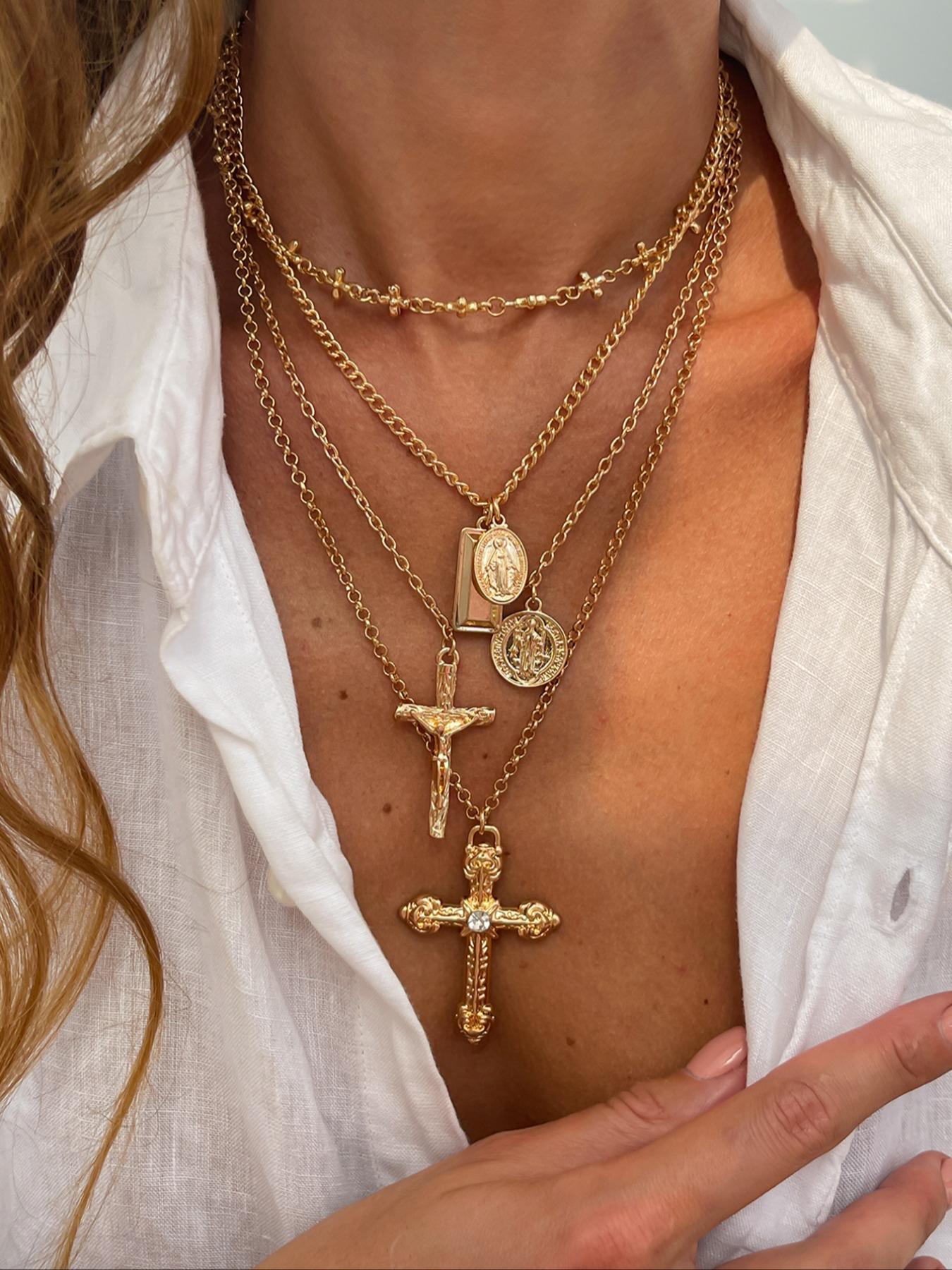 4-Piece Vintage Metal Geometric Circle Pendant Layered Necklace Set, Women's Punk Style Jesus Cross Pendant Jewelry, Unique Fashion Accessories, Jewelry Accessory