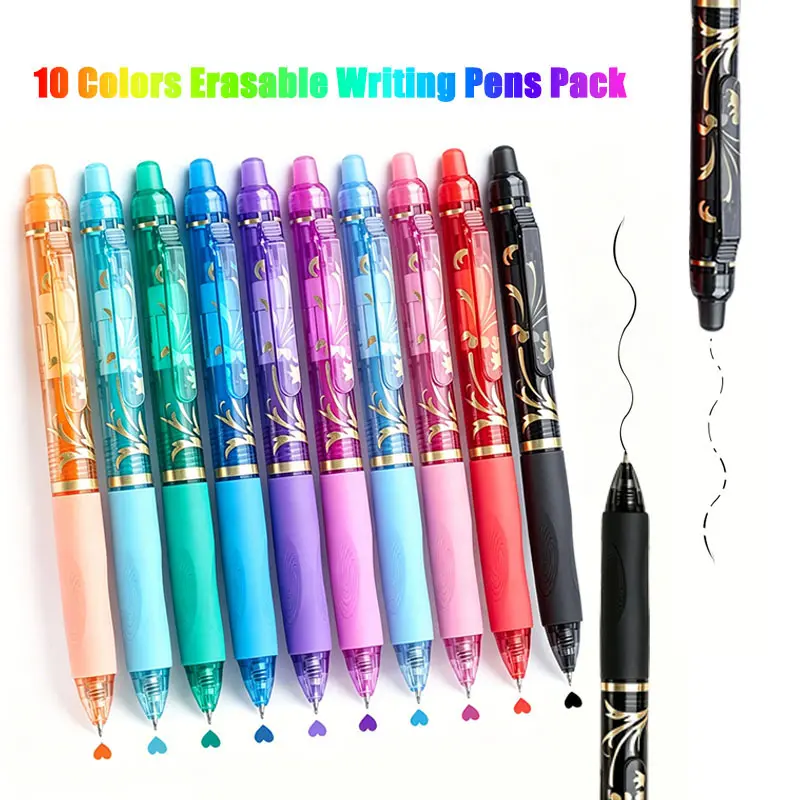 10-Pack Multicolor Retractable Erasable Gel Pens, 0.5mm Medium Point Cute Colors Office Stationery for Students - Easy Correction, Erase Words Easily, Fix Mistakes Anytime, No Marks Left on Paper, Colored Pen Set