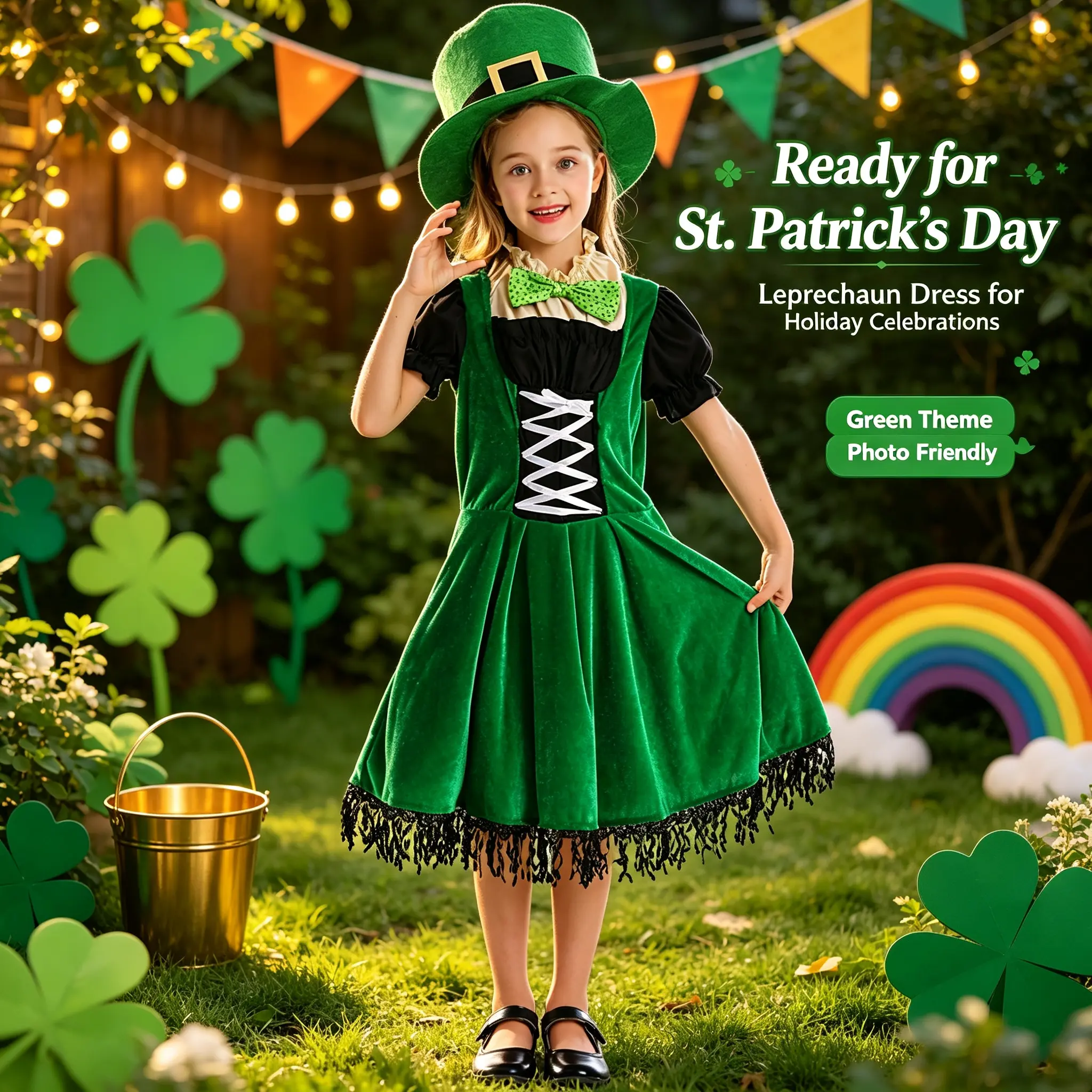 Kids Leprechaun Costume Dress | St. Patrick’s Day Green Irish Fairy Outfit with Hat a