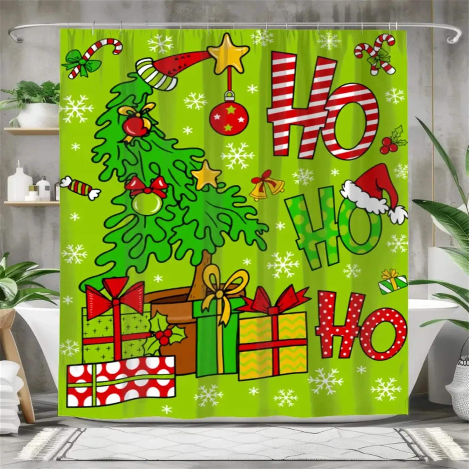 Cartoon Christmas tree gift box patterned shower curtain set, waterproof shower curtain with 12 hooks, non-slip bathroom carpet, toilet U-shaped cushion, toilet seat cover cushion, bathroom decoration, perfect mobile gift.