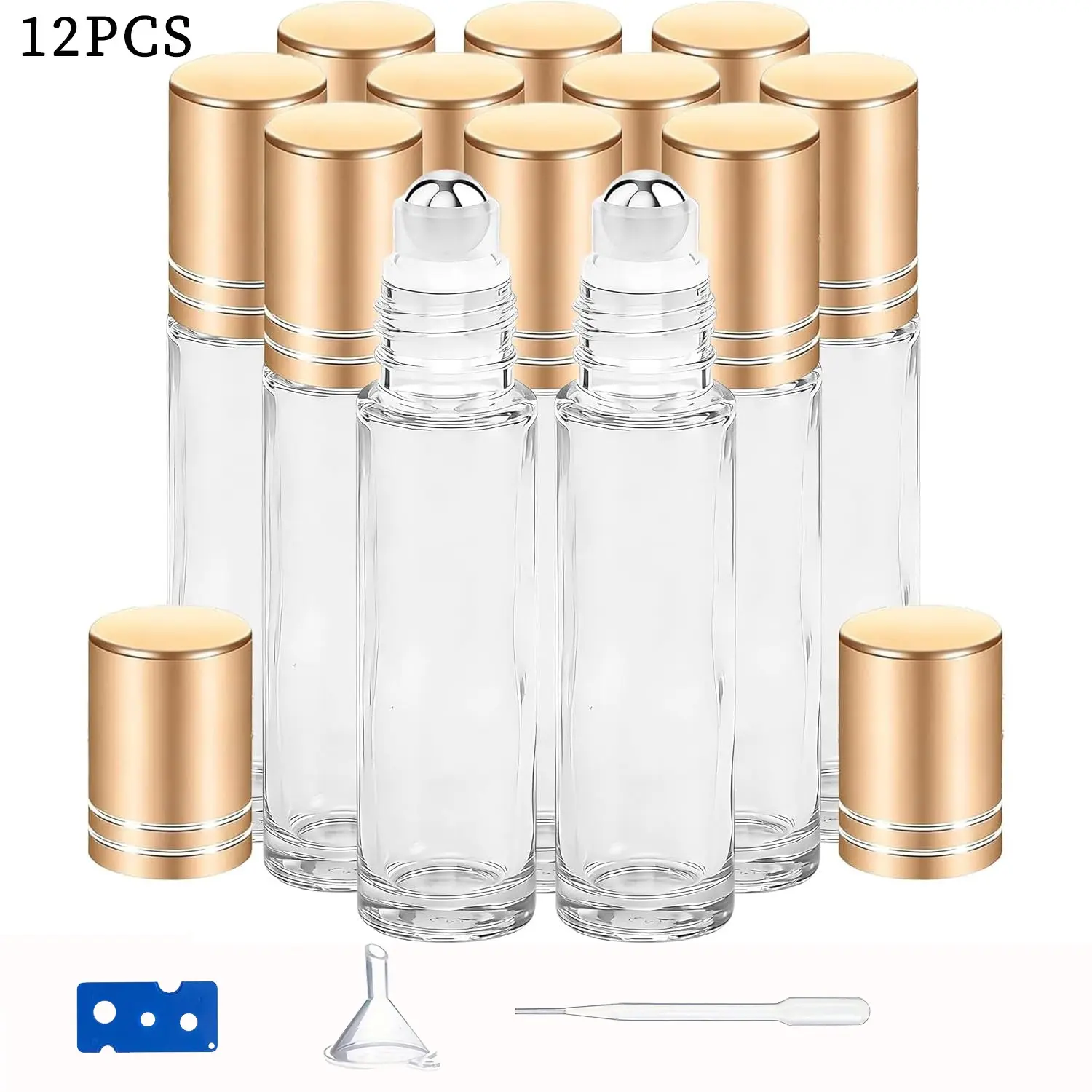 12/24/60 Pack 10ML Essential Oil Roller Bottles, Stainless Steel Ball, Reusable, Leak-Proof, Thick Transparent Glass, Travel Friendly, Includes Funnel, Straw, Opener