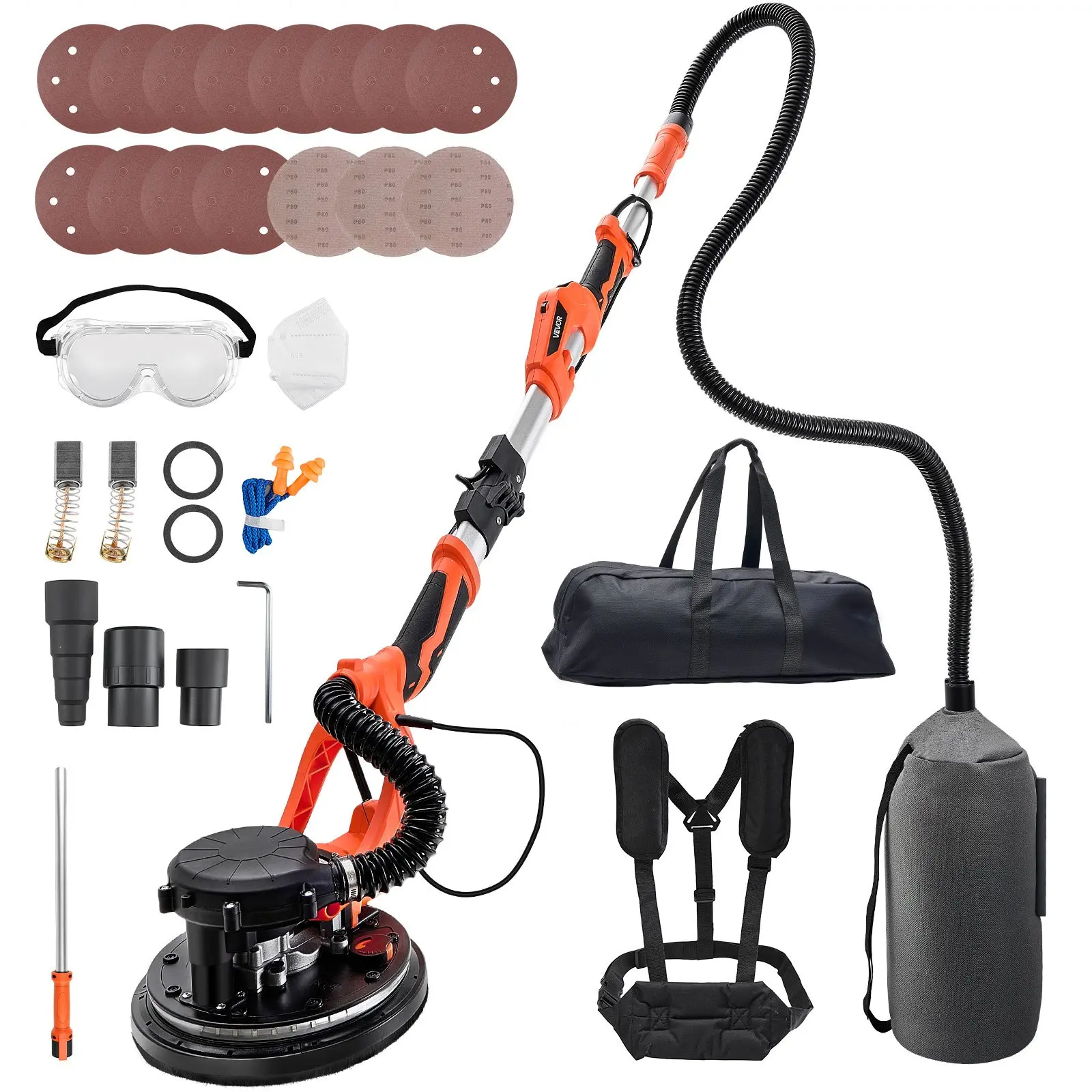 【DealsForYouDays】VEVOR 1150W Power Drywall Sander ZL225-MCL, Popcorn Ceiling Removal Tool with Vacuum Dust Collection, 5 Variable Speeds (800-1700 RPM), LED Light, Foldable & Extendable Grip, 15 Sanding Discs
