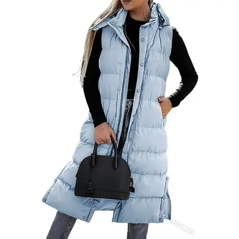 Women's Long Puffer Vest Quilted Hood Button Down Winter Coat best gift