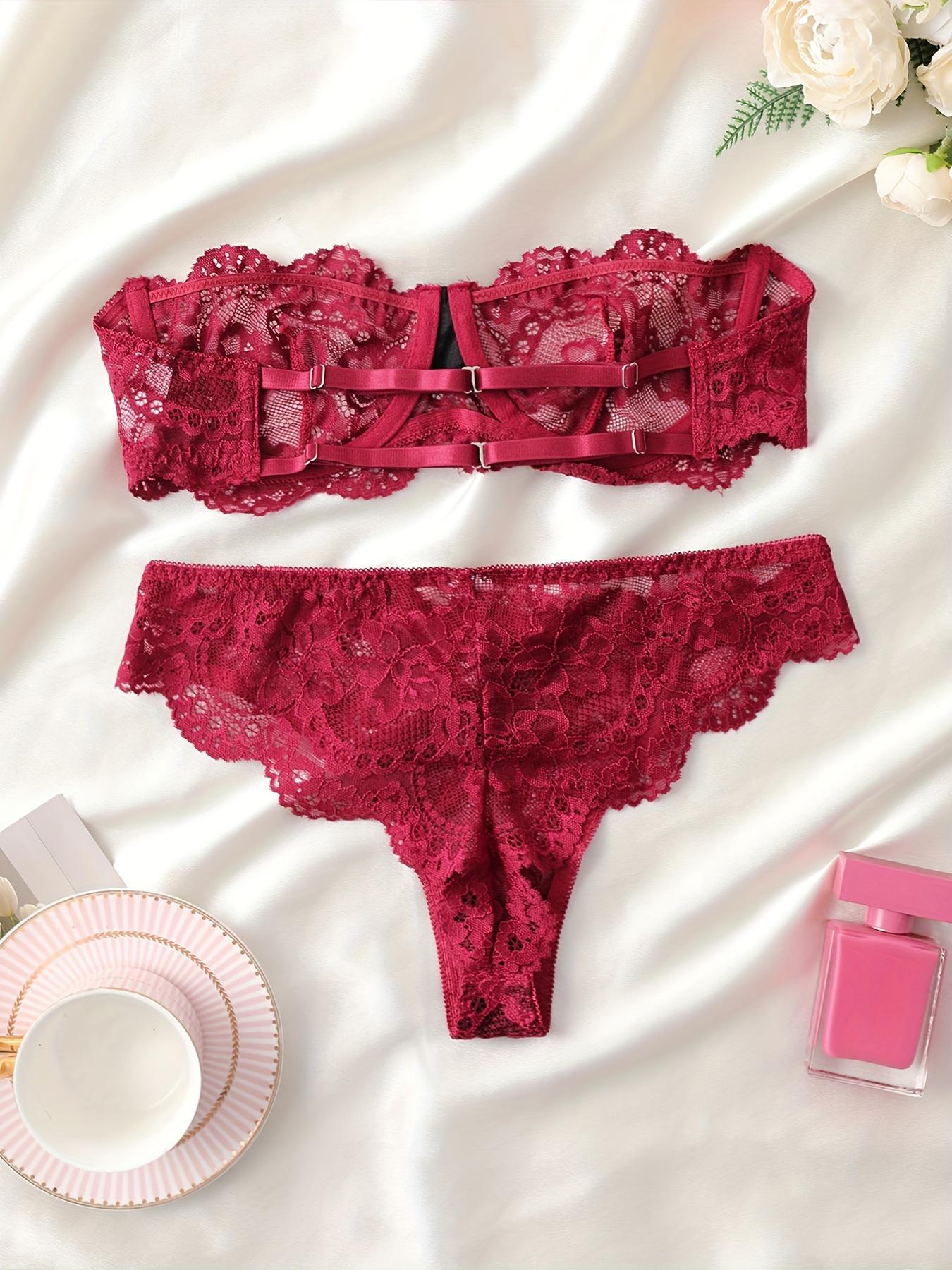 Women's Floral Lace Sexy Fitted Lingerie Two-piece Set, Romantic Underwire Bandeau Bra & Scallop Trim Thong, Comfortable Breathable Fabric Lingerie Set for Daily Wear, Women's Underwear Set for All Seasons, Emerald Green Option, Womenswear