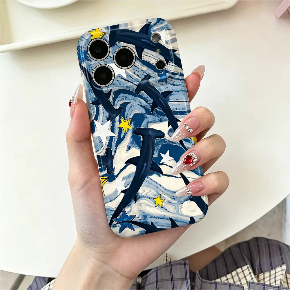 Hammerhead Shark Ocean Wave Phone Case featuring abstract deep blue water ripple prints, stylish nautical protective cover for iPhone 11–17 Pro, Pro Max & Air, artistic birthday gift for sea creature admirers
