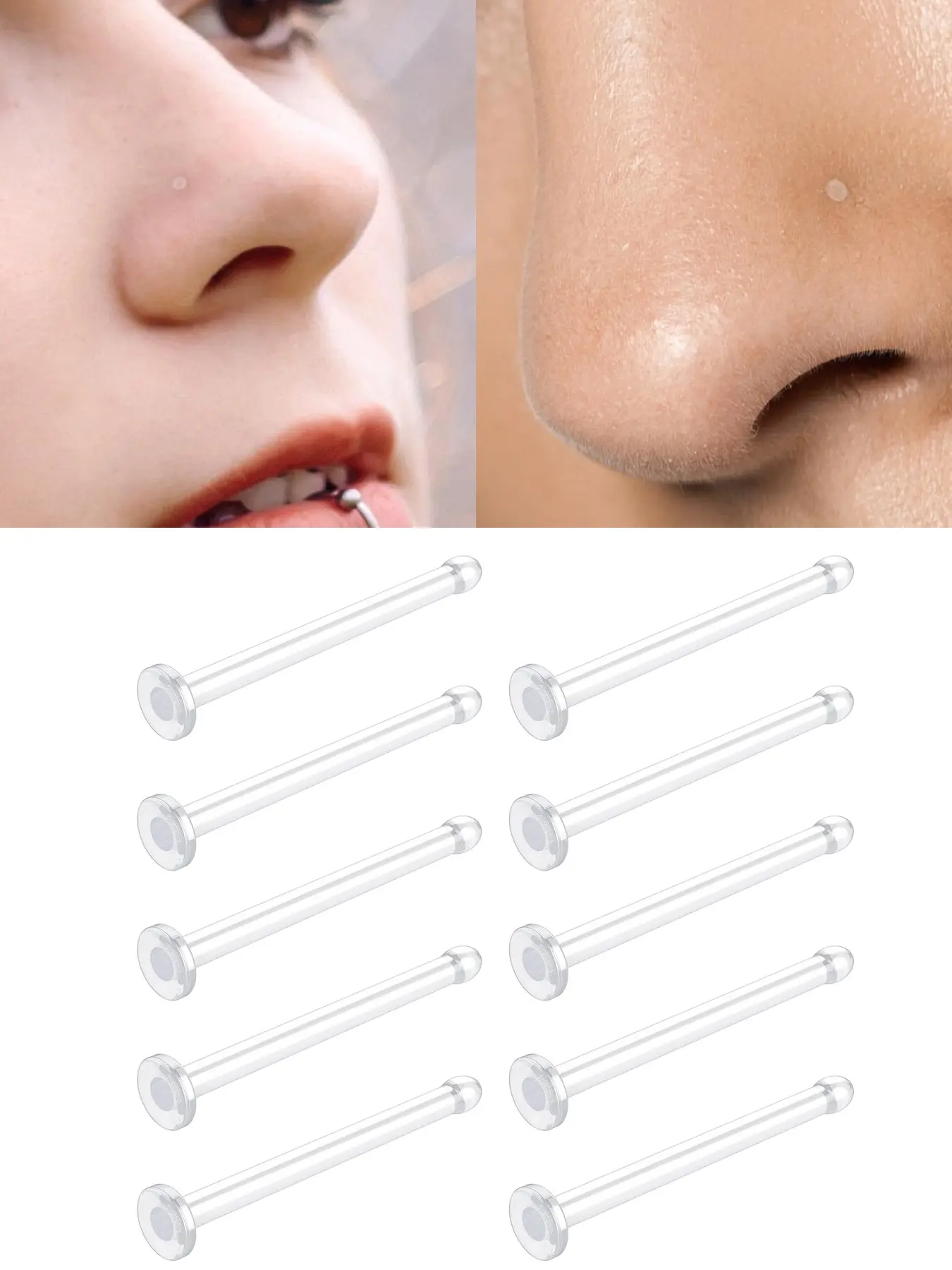 10Pcs 18/20G Clear Nose Ring Retainers Set Flexible Plastic Hypoallergenic Nose Studs Nose Piercing Jewelry Invisible for Spors Work Back to School Nose Rings Studs