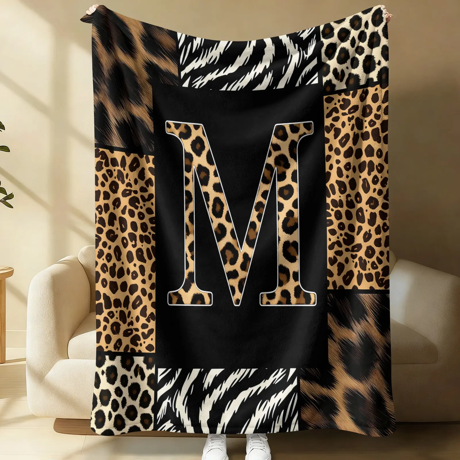 Vintage Leopard Zebra Animal Print Letter M Monogram Cozy Flannel Blanket, Multifunctional Luxury Patchwork Sofa Cover, Plush Warm Throw for Camping Office Nap, Personalized Custom Gift for Family Friends