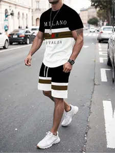 Manfinity Homme Contrast Color Letter Print Men's Summer Casual T-Shirt And Shorts Set Outfits For Men Summer