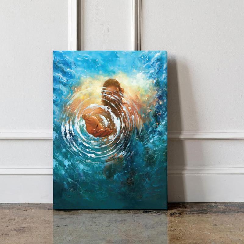 1 Count Framed Jesus Christ Canvas Wall Art The Hand of God Jesus Reaching Into Water Christian Painting Prints Biblical Wall Decor Religious Room Decor for Church Prayer Room Schools Hospitals 16x24inch