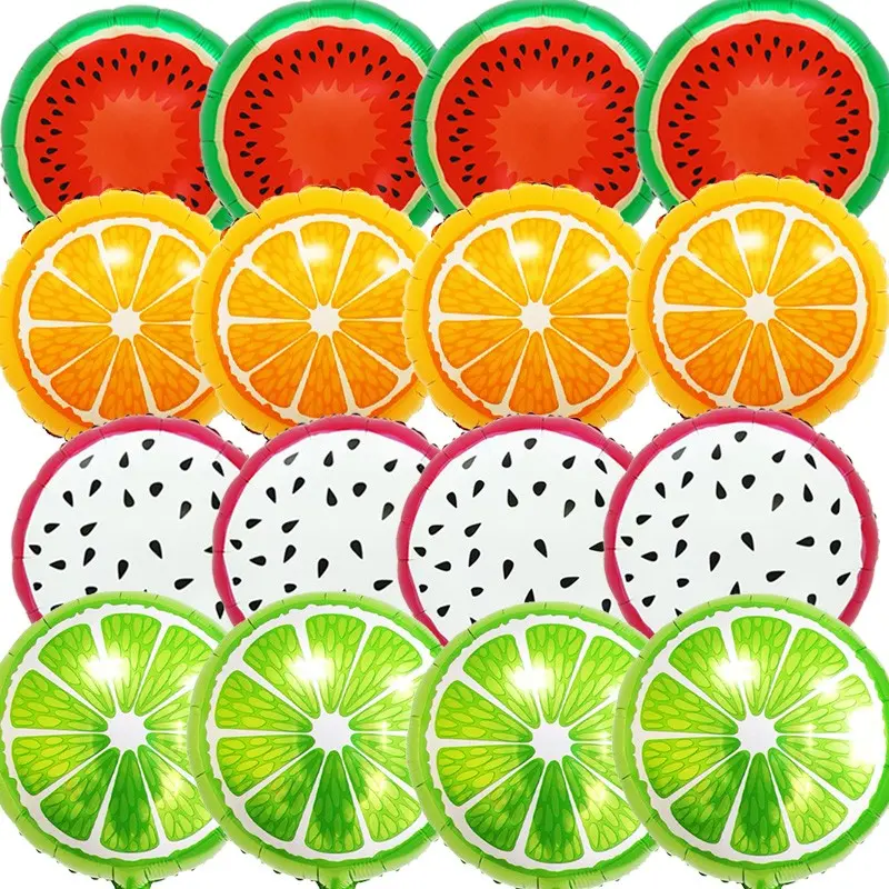 12/16 Piece 18 Inch Lemon Dragon Fruit Watermelon Pattern Aluminum Foil Balloons, Summer Party Hawaiian Beach Birthday Decorations