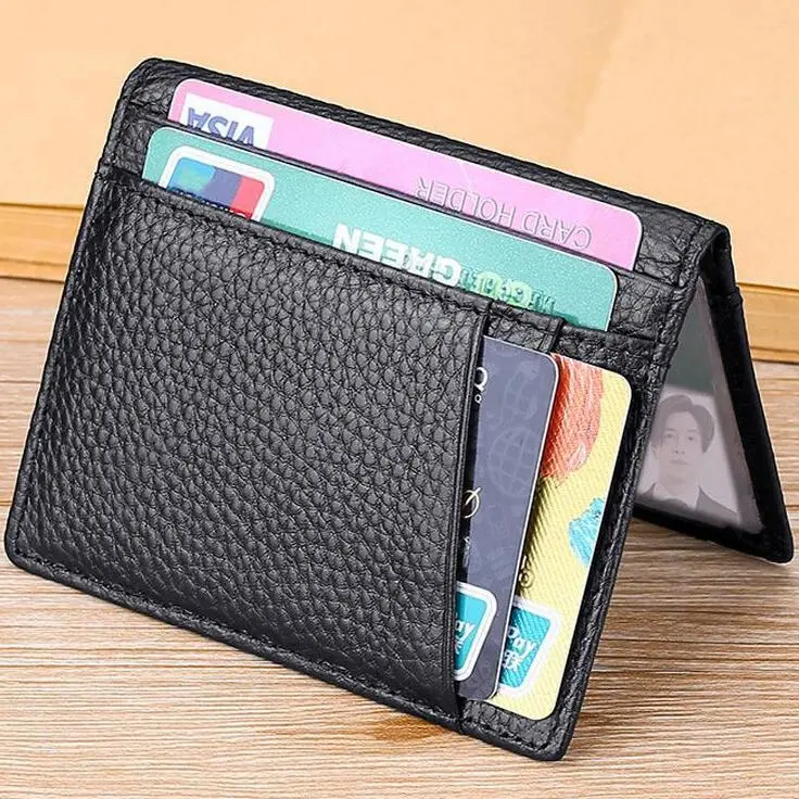 Men Ultra‑Slim Bifold Card Wallet, Genuine Leather Multi‑Card Slots Card Holder with Transparent ID Window, Portable Front Pocket Credit Card Case for Daily Business Travel
