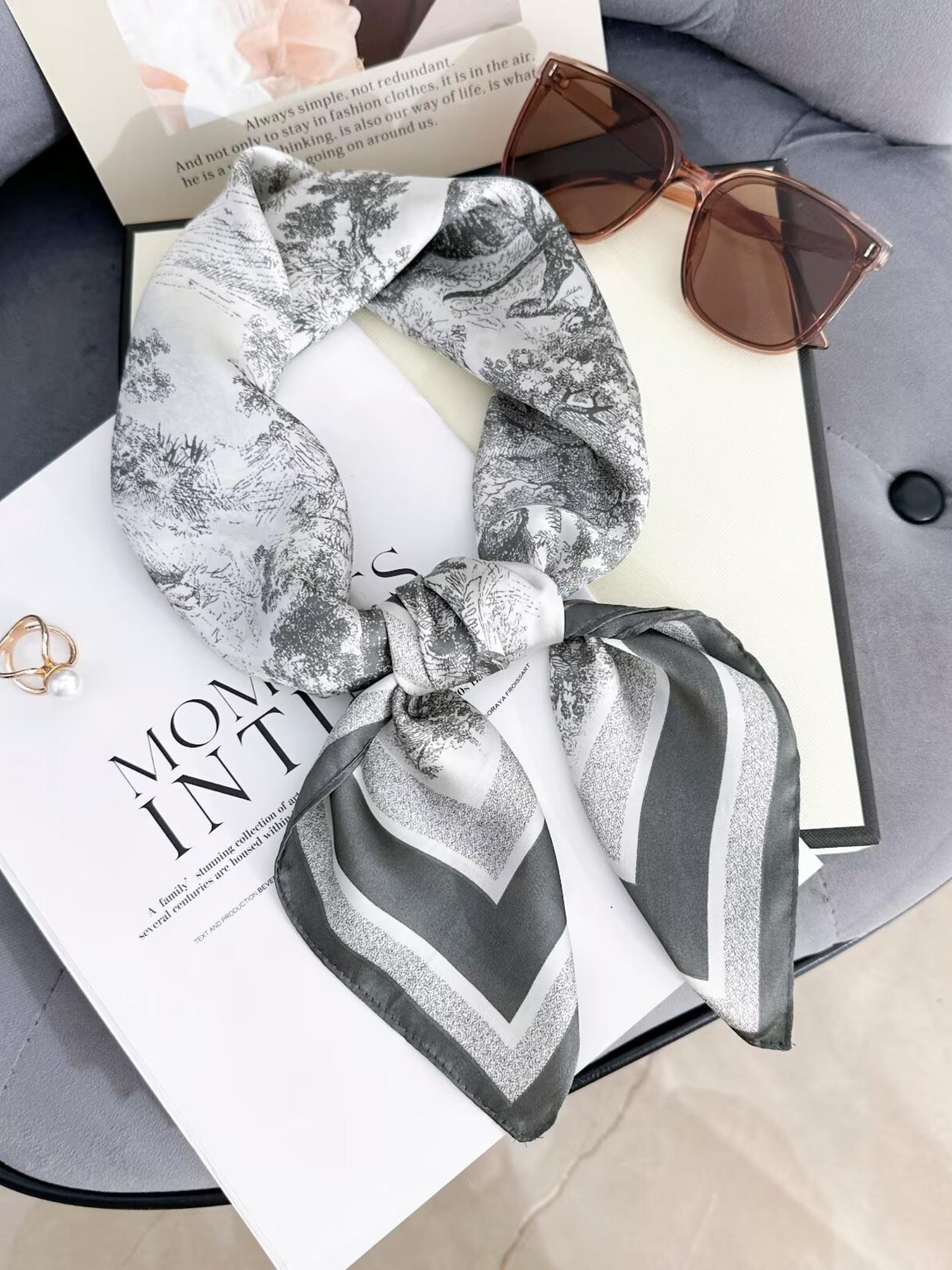 27.6 Inch Square Scarf with Landscape Print for Women, Fashionable Headband with Silk-like Elegance, All Seasons Casual Accessory for Style Enthusiasts