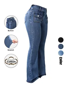 Women's Pocket Stretchy Jeans, Flared High-Waist Casual Comfy Bell Bottom Denim Trousers for Daily Wear, Ladies Bottoms for All Seasons Button