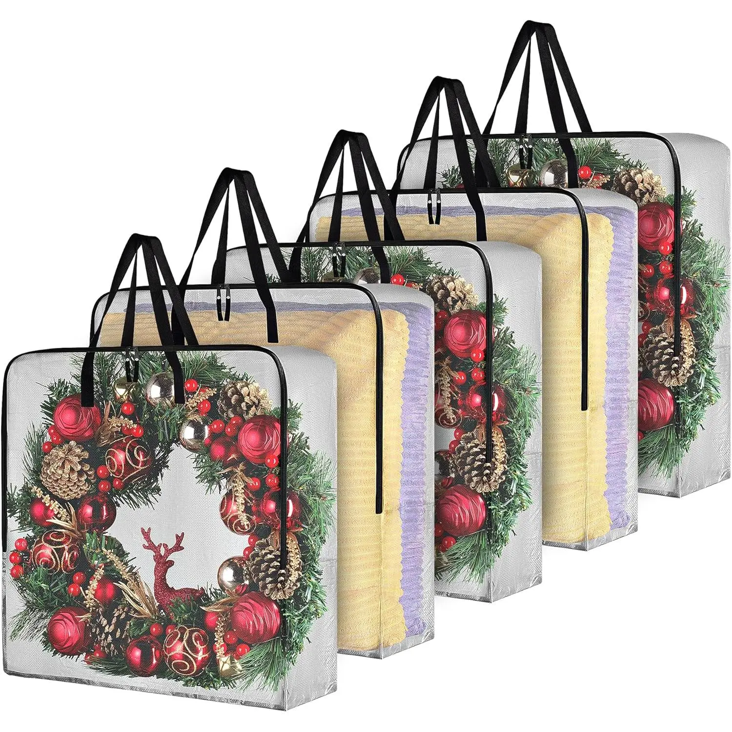 5-Pack Wreath Storage Bag, 25" Clear Wreath Storage Container with Zipper & Handles, Large Moving Bags for Holiday Decorations, Garlands, Packing, College Organization Set Vacuum Travel Cordless Compact