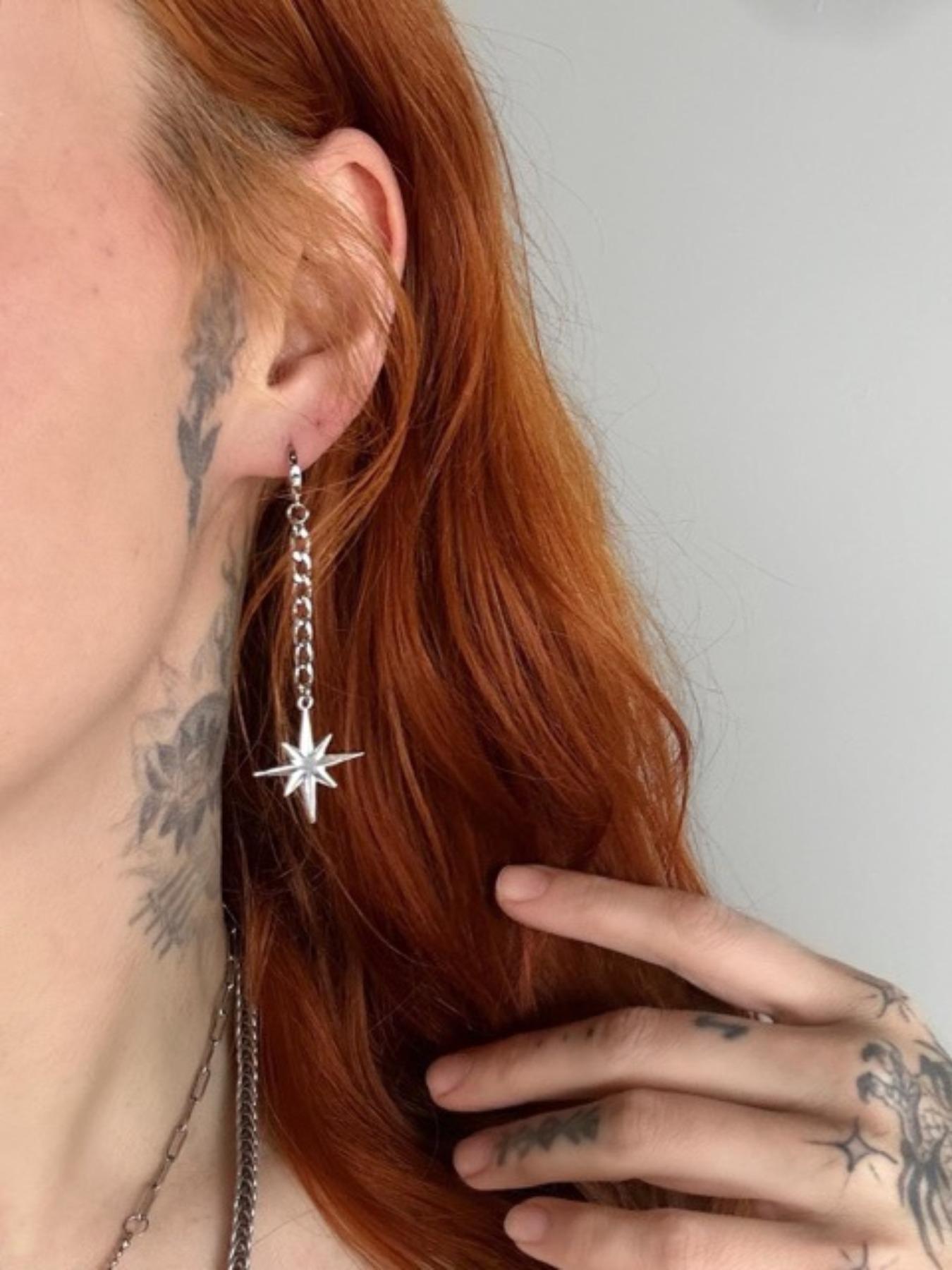 Unisex Punk Style Octagram & Chain Tassel Design Dangle Earrings, Stainless Steel Earrings, High Quality Earrings, Trendy Tassel Drop Earrings, Fashionable Jewelry for Party & Daily Clothing Decoration