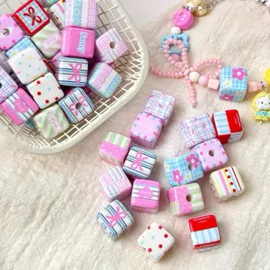20pcs Square Spacer Beads, Striped Grid Bow, Heart, Letter, Star Patterns, Macaron Color, Cute Fresh Multicolor, Jewelry Accessories, DIY Beading Accessories