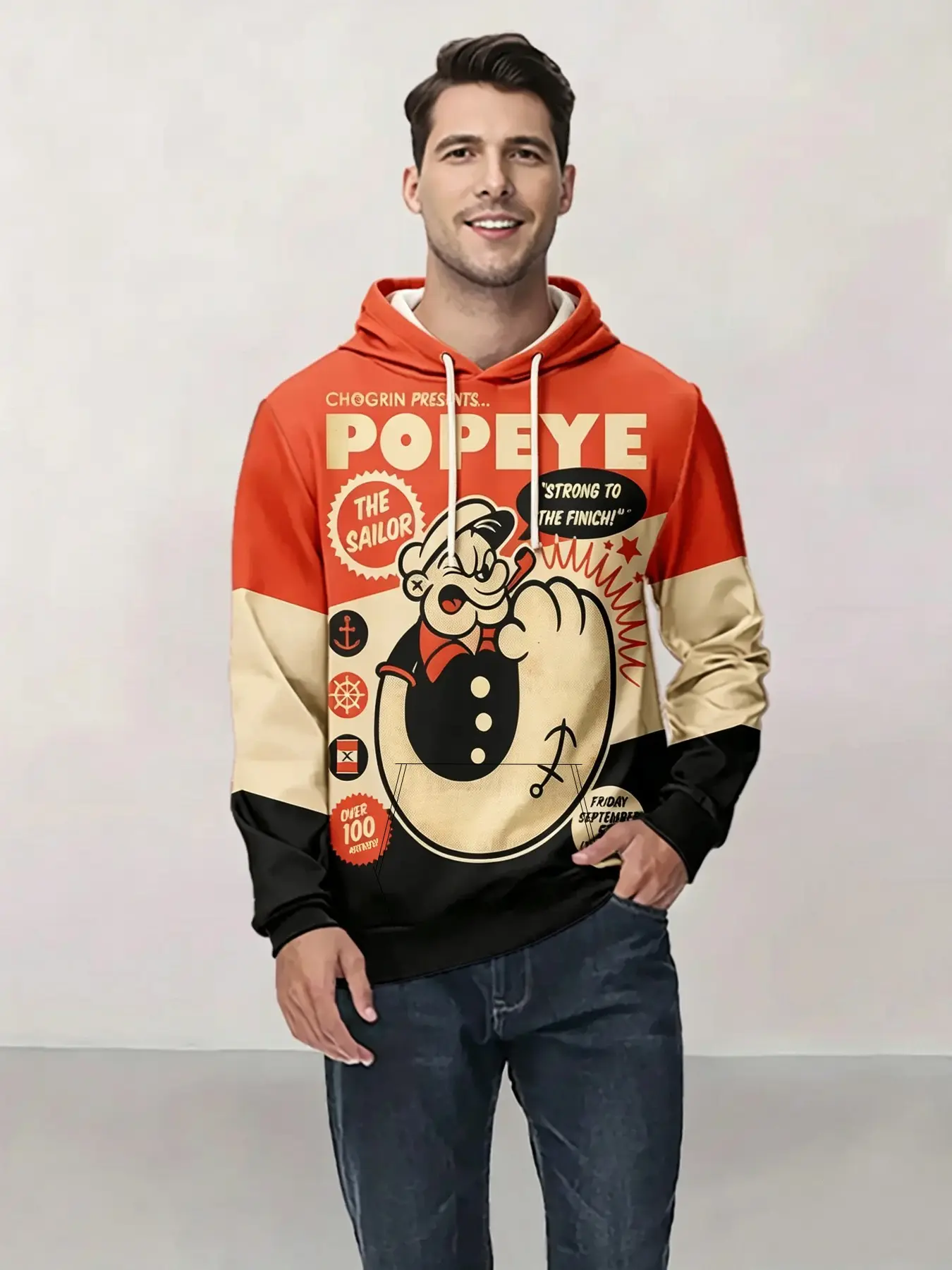 New Qiku Men, Popeye Power Legendary 3D Printed Men's Casual Long Sleeve Hoodie, Men's Spring and Autumn Sweater, Men's Hoodie Top, Hooded Sweater, Casual Versatile Suitable for Men Going Out
