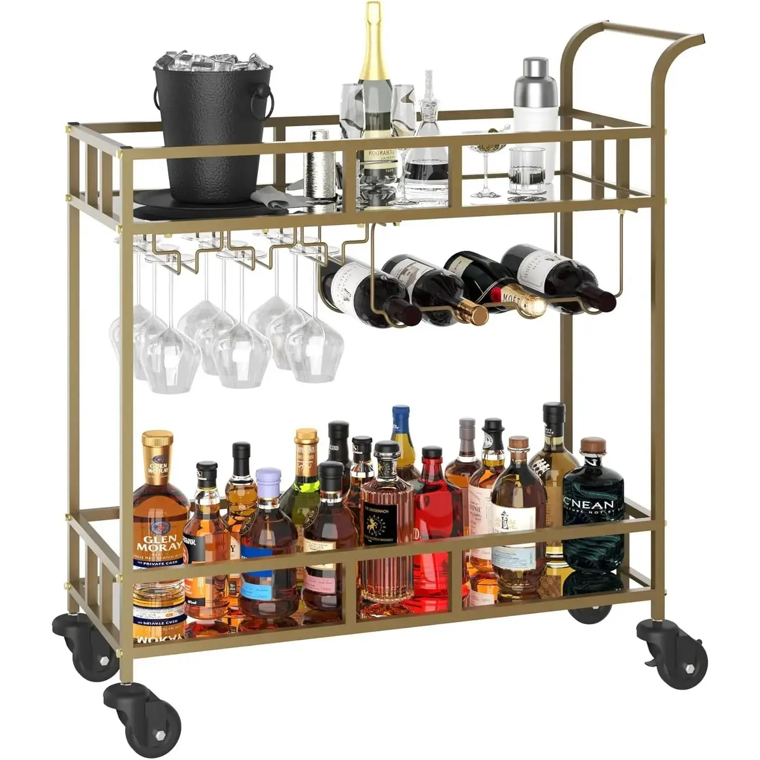 2 Tier Rolling Wine Bar Cart for Home, Small Alcohol Liquor Cart with Mirrored Shelves, Wine Racks & Glass Holder, Compact for Dining Room Living Room Party