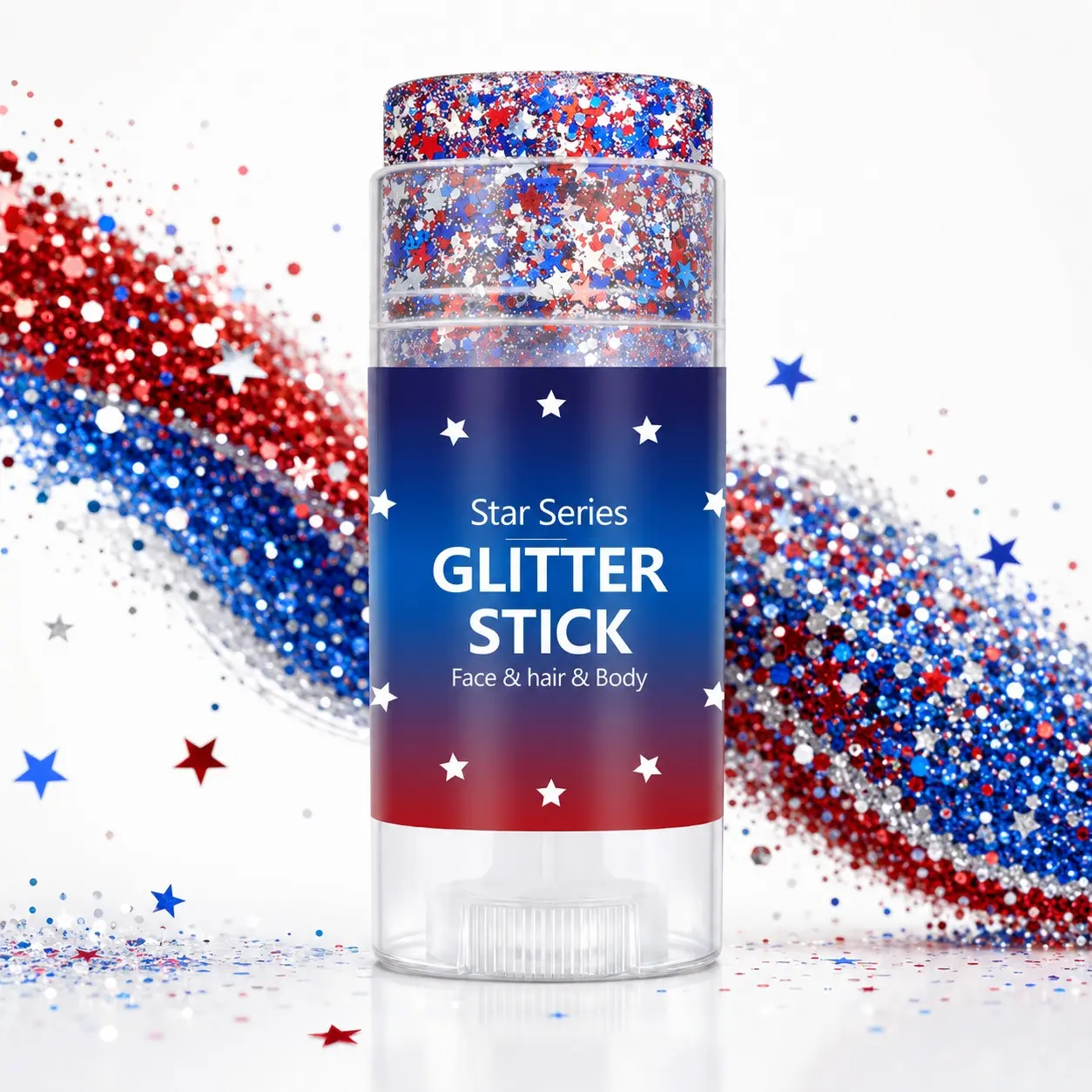 Patriotic High Quality Glitter Stick for Face Hair & Body, Blue Star Glitter Makeup Stick, Game Day Soccer Party Festival Body Glitter, Sparkly Glitter