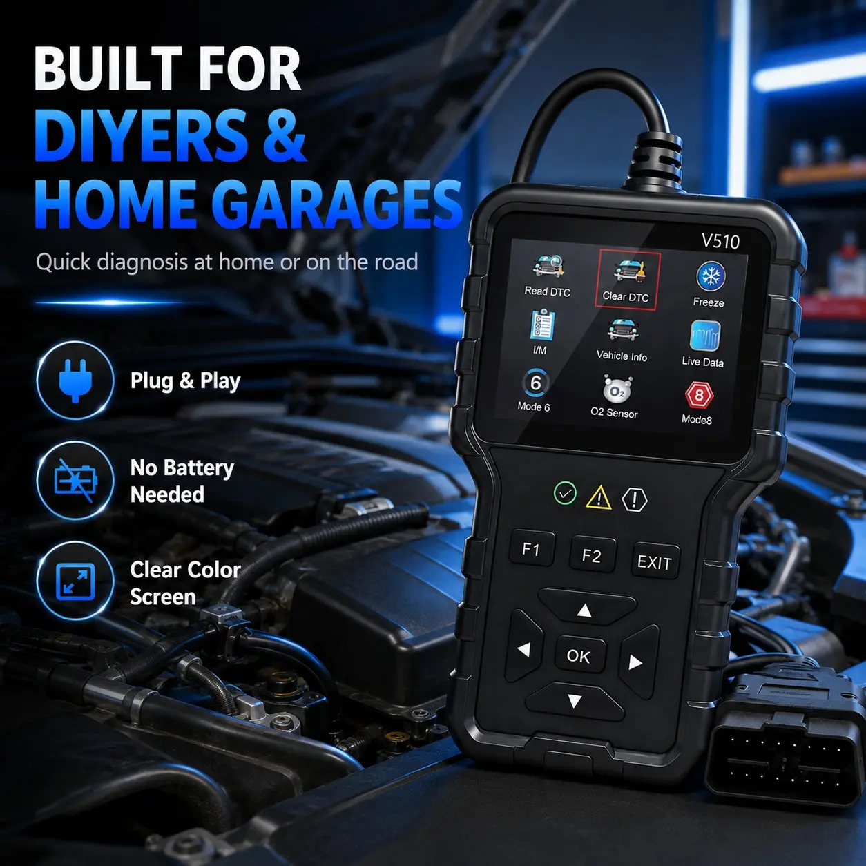 Obd2 Car Scanner V510 with Battery Test, Auto Diagnostic Tool for Engine Light, Fault Code Reader for 12V Vehicles