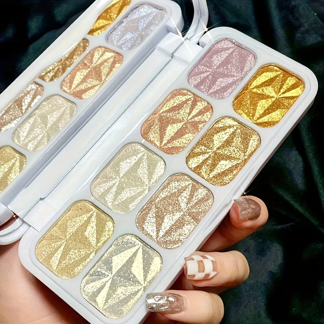 8 Color Diamond Glitter Eyeshadow Palette, Long-Lasting Waterproof Makeup, Metallic Gold, Portable Mirror, Compact, Party & Holiday Beauty