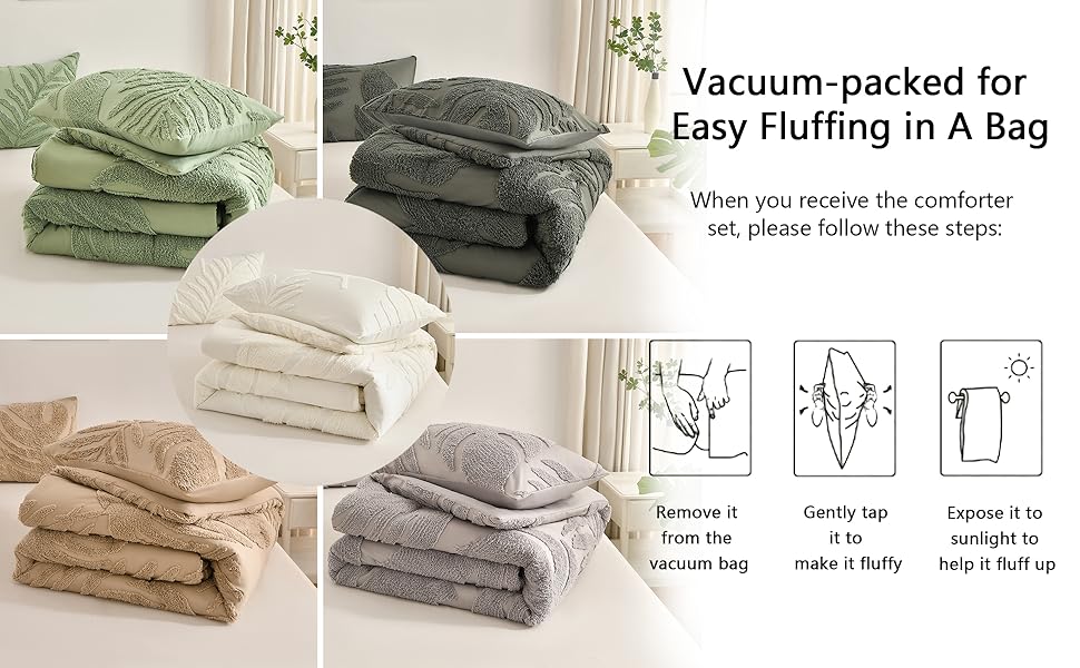 Khaki Queen Comforter Set,Boho Soft Warm Tufted Neutral Bed in a Bag,Lightweight All Bedding with Botanical Palm Leaf Pattern,3 Pieces (Comforter&2 Shams)