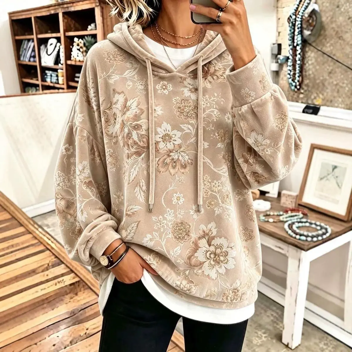 Women's Floral Velvet Hooded Sweatshirt, Loose Fit Long Sleeve Pullover Top, Soft Casual Hoodie for Fall Layering, Everyday Wear, Brunch Dates, City Walks and Streetwear Outfits
