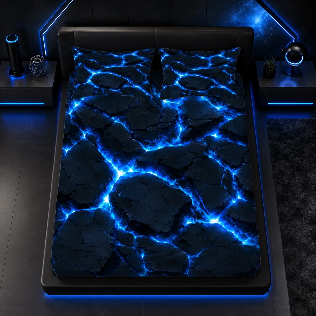 Neon Crack Lava Rock 3-Piece Fitted Sheet Set, Lightweight Washable Breathable Skin-Friendly Bedding, Deep Pocket Design, 1 Fitted Sheet + 2 Pillowcases (No Inserts), Gift for Teen Boys’ E-Sports Bedrooms