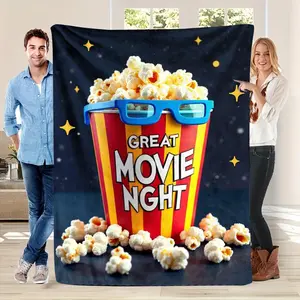 1Pc Popcorn Movie Night Blanket |   Lightweight Flannel All-Season Soft Warm Throw With Digital Popcorn Bucket Cinema Design, Red & Yellow Print, Vintage Style For Sofa, Bed, Travel, Camping, Home Theater - Cozy Gift For Adults, Movie Nights