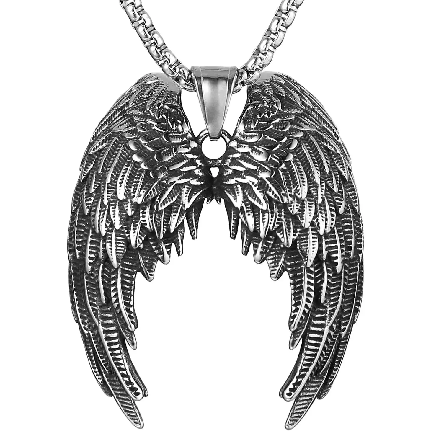 Large Angel Wing Feather Pendant Necklace for Men Women, Gothic Stainless Steel Statement Jewelry, Adjustable 22"+2" Box Chain