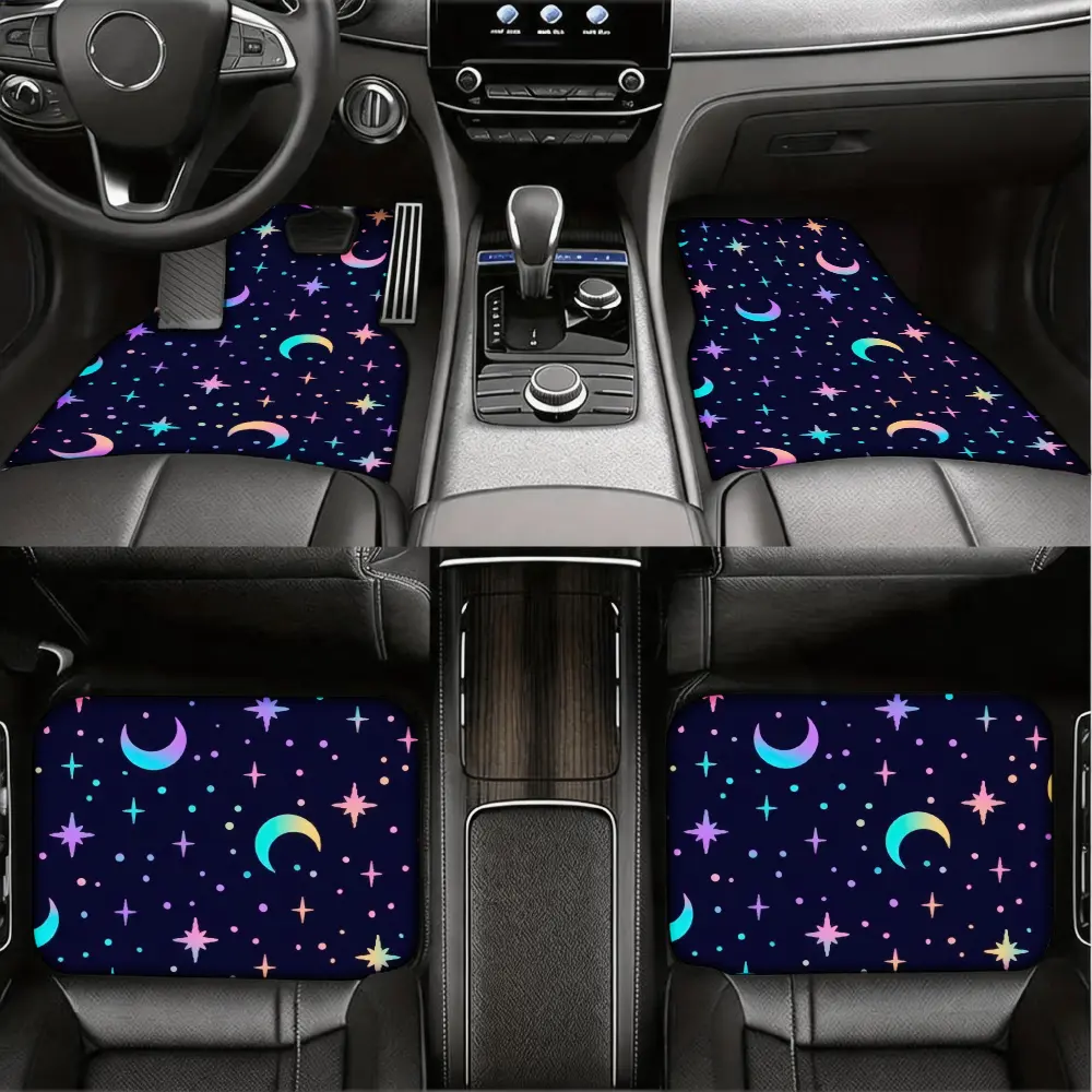 Stylish, Car Floor Mats, Celestial Star And Moon Pattern, Durable Non-Slip Rubber Material, Universal Fit For Most Vehicles, Set Of 4 Pieces