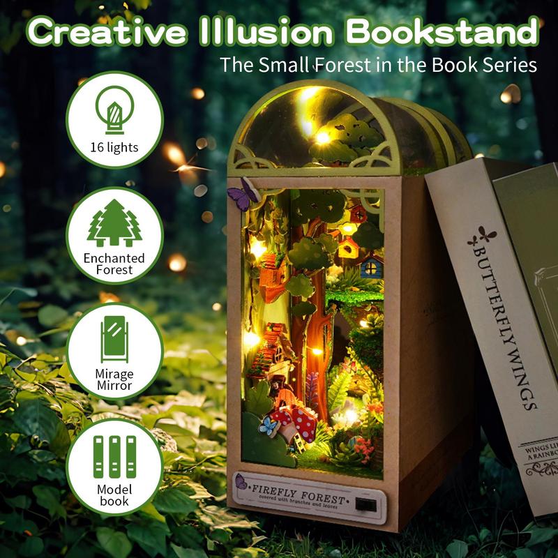 DIY Country Style Wooden Book Nook Kit with LED Light, 1 Set 3D Wooden Puzzle, 3D Desktop Decoration Ornament, DIY Model Kit for Bookshelf Decoration