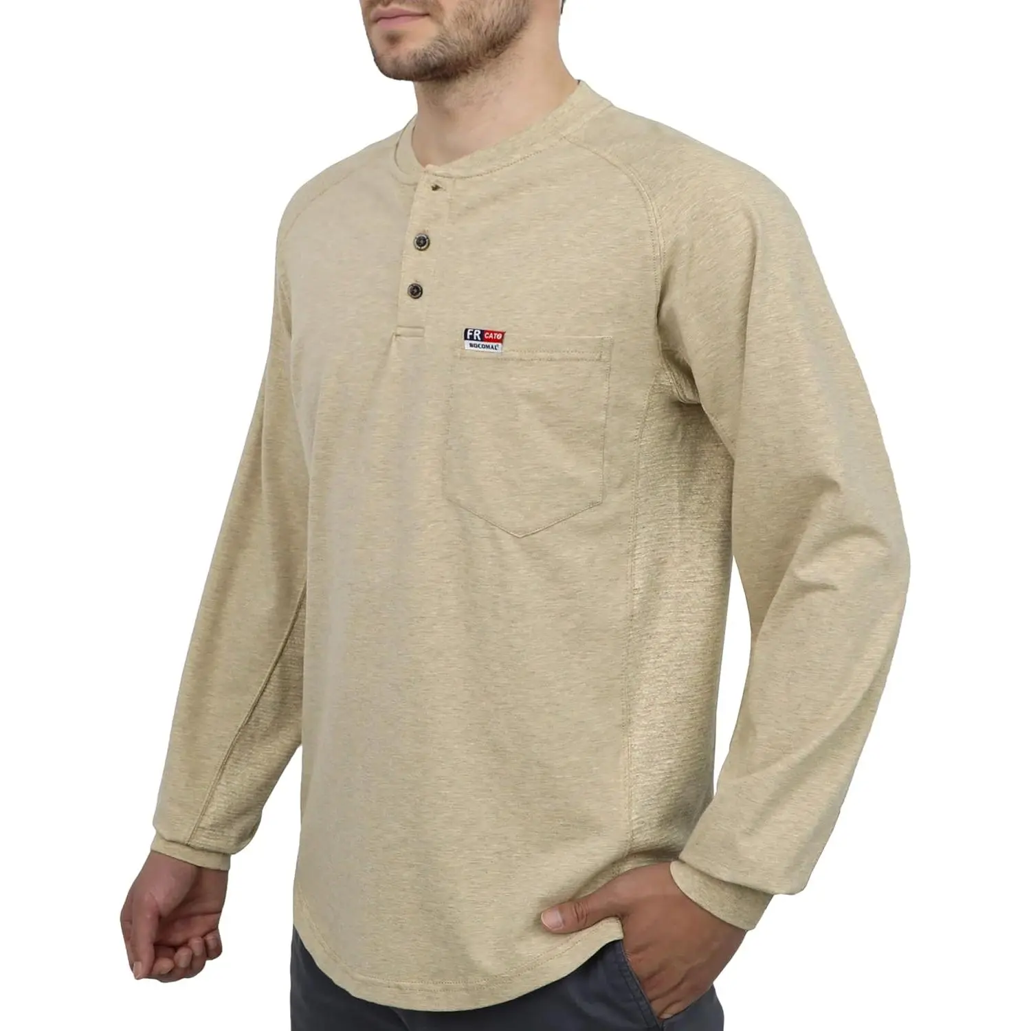 BOCOMAL FR Shirts Henley Bird's-Eye Breathable Vented Mesh (Back and Underarm) EX Soft Flame Resistant Summer Work T Shirt