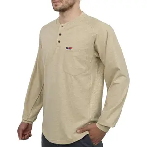BOCOMAL FR Shirts Henley Bird's-Eye Breathable Vented Mesh (Back and Underarm) EX Soft Flame Resistant Summer Work T Shirt