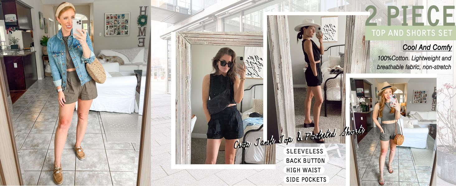 Imily Bela  Women's 2pcs Summer Outfits Sleeveless Crop Tank Top and High Waist Pocketed Shorts Loose 2 Piece Short Sets